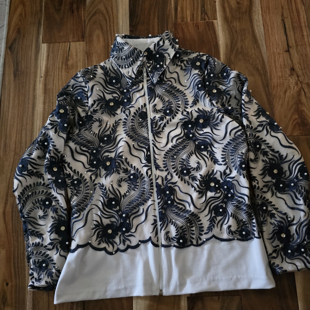 Navy and White Embroidered Women's Show Top
